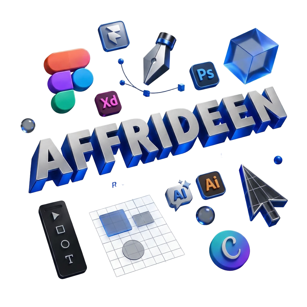 Affrideen, Product Designer — 3D lettering surrounded by Figma, Framer, Adobe XD, Photoshop, Illustrator, Canva and AI tool icons