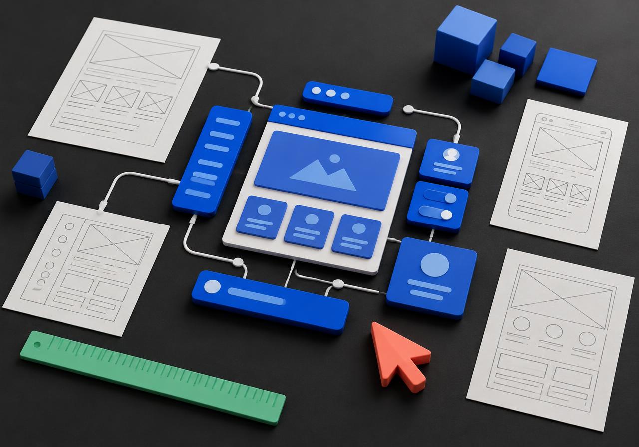 Editorial illustration of wireframes and modular interface design
